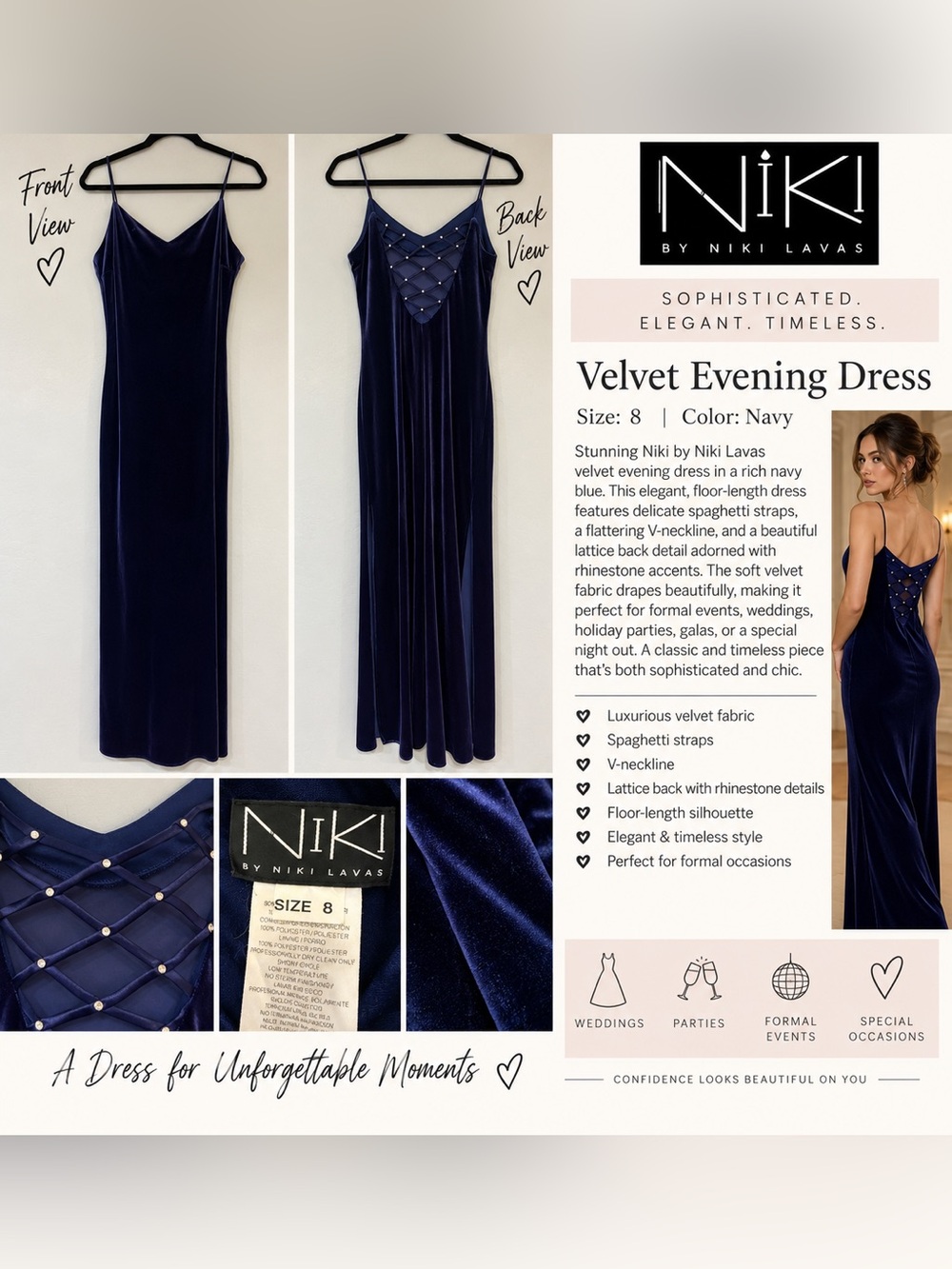 Vintage Niki by Niki Lavas Navy Blue Velvet Rhinestone Lattice Maxi Dress Size 8